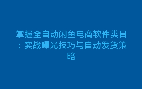 掌握全自动闲鱼电商软件类目：实战曝光技巧与自动发货策略-网赚项目