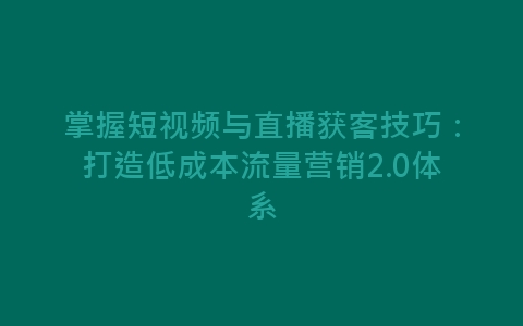 掌握短视频与直播获客技巧：打造低成本流量营销2.0体系-网赚项目