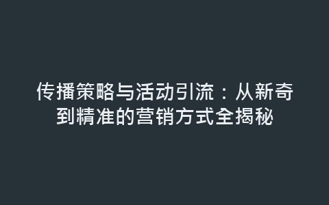 传播策略与活动引流：从新奇到精准的营销方式全揭秘-网赚项目