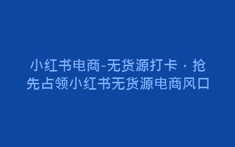 小红书电商-无货源打卡，抢先占领小红书无货源电商风口-网赚项目