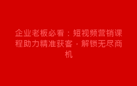 企业老板必看：短视频营销课程助力精准获客，解锁无尽商机-网赚项目