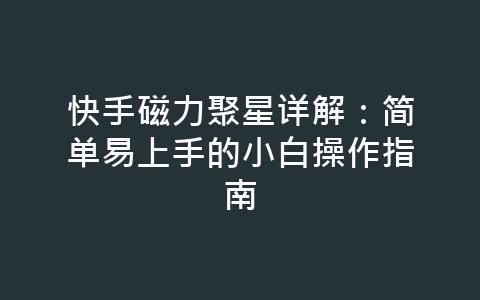 快手磁力聚星详解：简单易上手的小白操作指南-网赚项目