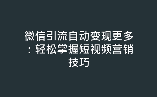 微信引流自动变现更多：轻松掌握短视频营销技巧-网赚项目