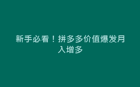 新手必看！拼多多价值爆发月入增多-网赚项目