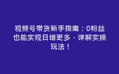 视频号带货新手指南：0粉丝也能实现日增更多，详解实操玩法！-网赚项目