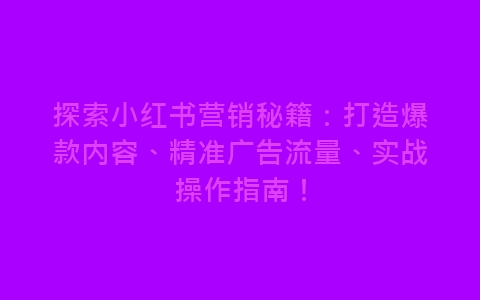 探索小红书营销秘籍：打造爆款内容、精准广告流量、实战操作指南！-网赚项目