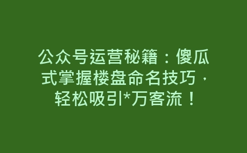 公众号运营秘籍：傻瓜式掌握楼盘命名技巧，轻松吸引*万客流！-网赚项目