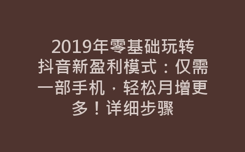 2019年零基础玩转抖音新盈利模式：仅需一部手机，轻松月增更多！详细步骤-网赚项目