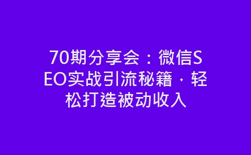 70期分享会：微信SEO实战引流秘籍，轻松打造被动收入-网赚项目