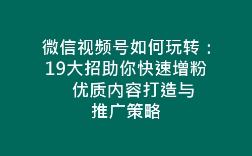 微信视频号如何玩转：19大招助你快速增粉   优质内容打造与推广策略-网赚项目