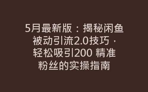 5月最新版：揭秘闲鱼被动引流2.0技巧，轻松吸引200 精准粉丝的实操指南-网赚项目