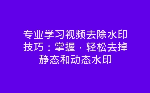 专业学习视频去除水印技巧：掌握，轻松去掉静态和动态水印-网赚项目