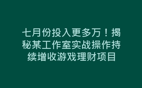 七月份投入更多万！揭秘某工作室实战操作持续增收游戏理财项目-网赚项目