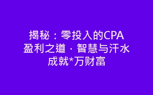 揭秘：零投入的CPA盈利之道，智慧与汗水成就*万财富-网赚项目