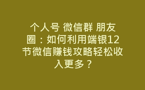 个人号 微信群 朋友圈：如何利用端银12节微信赚钱攻略轻松收入更多？-网赚项目