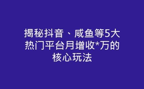 揭秘抖音、咸鱼等5大热门平台月增收*万的核心玩法-网赚项目