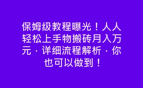 保姆级教程曝光！人人轻松上手物搬砖月入万元，详细流程解析，你也可以做到！-网赚项目