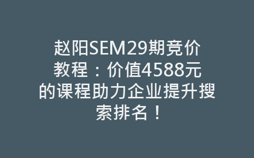 赵阳SEM29期竞价教程：价值4588元的课程助力企业提升搜索排名！-网赚项目