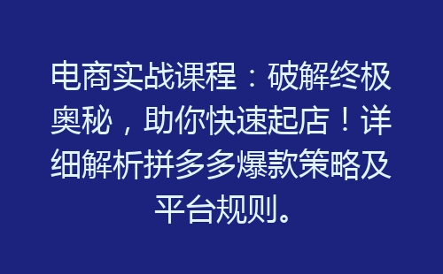 电商实战课程：破解终极奥秘，助你快速起店！详细解析拼多多爆款策略及平台规则。-网赚项目